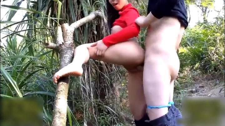 样子淫骚的华裔美眉野外撒尿勾引老外打野战